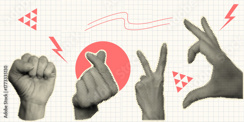 Halftone vector art with human hands. Retro dotted texture illustration. Abstract black and white pop design element. Modern raster effect for creative collage or fashion background layout. 