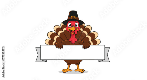 Cute cartoon turkey wearing a traditional pilgrim hat and happily holding a blank white banner, perfect for Thanksgiving or autumn-themed greetings and designs.