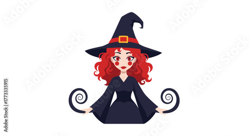 An alluring cartoon witch with striking red curly hair, bright red eyes, and rosy cheeks, adorned in a classic dark gown and a pointed hat, conjures mysterious spiraling magic.