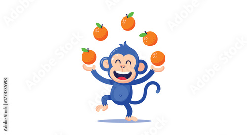 A cheerful blue cartoon monkey skillfully juggles five vibrant oranges, displaying its playful agility and joy against a clean white background.
