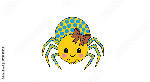 A friendly and cute yellow cartoon spider character featuring a brown bow, blue polka-dot abdomen, and patterned legs, smiling happily on a pure white background.
