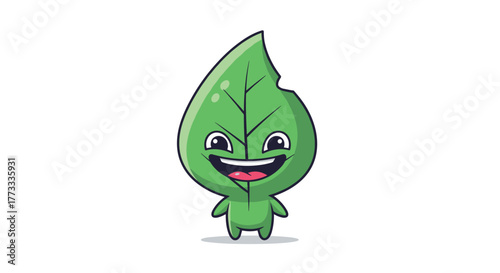 Cute and mischievous cartoon green leaf character with a wide, happy smile and a distinctive bite mark, standing cheerfully on a plain white background.