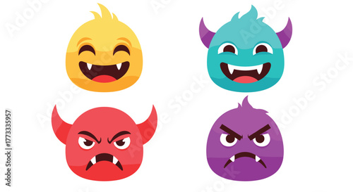 A vibrant collection of cartoon monster faces or emojis with various expressions like happy and angry, featuring fangs and horns on a clean white background.