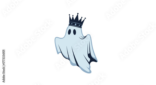 A friendly, cartoon-style ghost character, depicted wearing a regal crown on its head, floating gently with a whimsical and cute appearance, set against a clean white background.