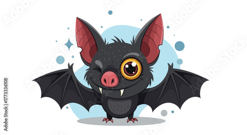 A cheerful and adorable cartoon bat with large ears and a winking eye, showcasing its cute fangs and dark wings, set against a playful light blue background.