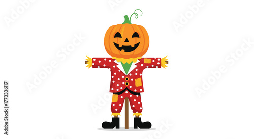 A cheerful jack-o'-lantern head scarecrow in a festive red polka dot suit with straw accents, standing tall and ready for autumn and Halloween celebrations.