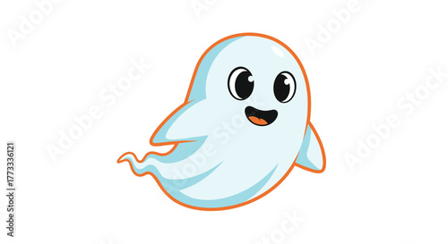 A cute and friendly cartoon ghost with a cheerful expression and large eyes, outlined in orange, floats happily in a light blue hue on a clean white background.