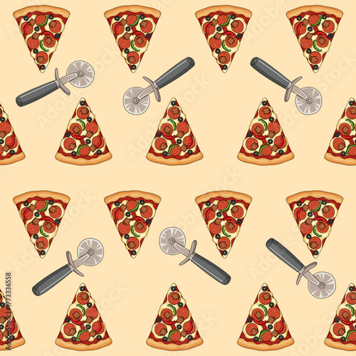 Sausage pizza and pizza cutter Infinite pattern background on beige background, Abstract background Seamless Pattern