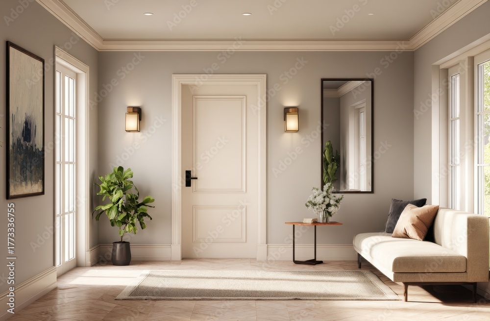 Fototapeta premium Bright and Spacious Living Room with Large , Minimalist Decor, and Cozy Sofa