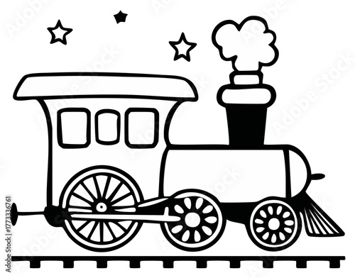 Simple Outline Illustration of a Steam Locomotive with Smoke and Stars