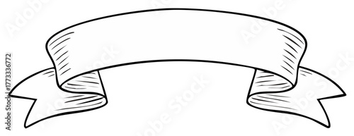 Curved banner illustration, sketched decorative scrolls for titles or messages, vintage and retro graphics