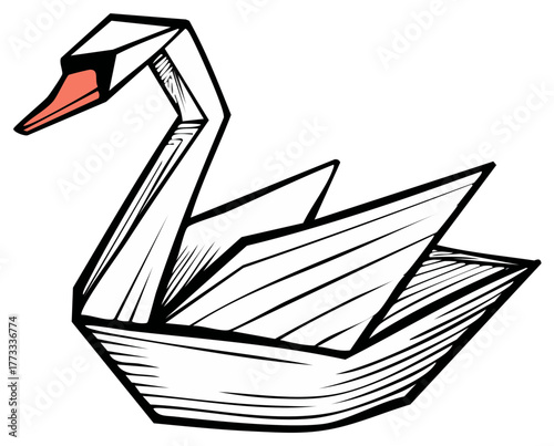 Black and white origami swan with red beak vector illustration