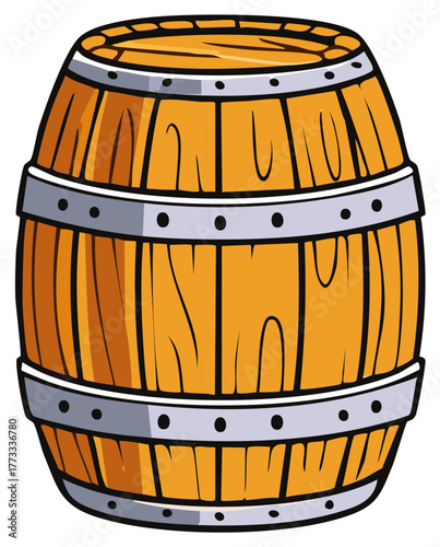 Cartoon wooden barrel with metal bands, orange and black illustration