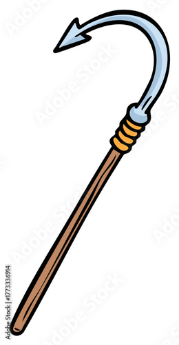 Curved fishing spear with wooden handle and pointed tip