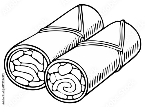 Drawing of two spring rolls with filling visible