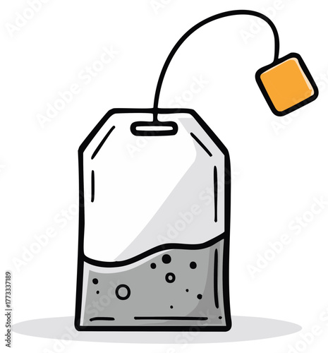 Hand drawn illustration of a tea bag steeping in water with a tag