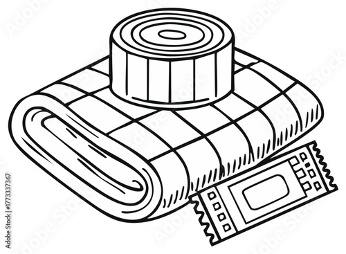 Crafting supplies flat lay with measuring tape fabric and sewing tag line art illustration