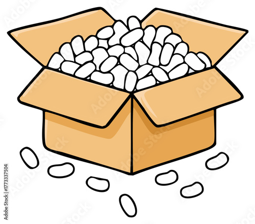 Stylized cartoon illustration of a brown box full of white polystyrene packing peanuts cushioning fragile merchandise during shipping