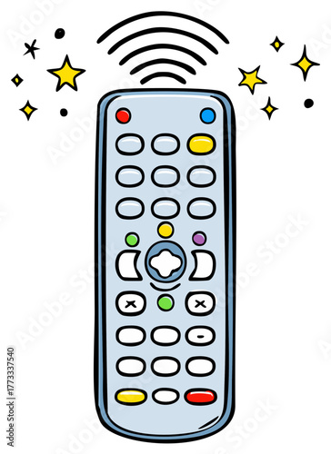 Cartoon remote control sending signal with sparkling stars and buttons