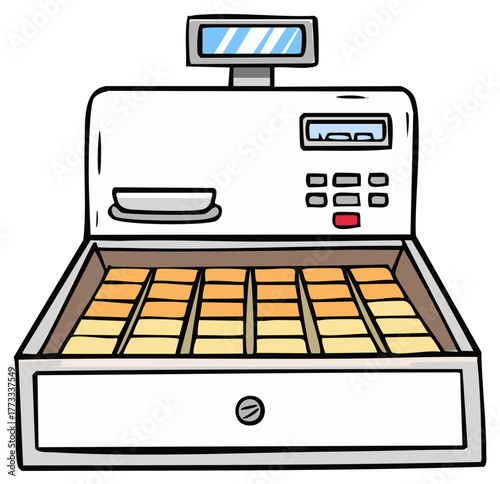 Classic cash register with open drawer full of money compartments