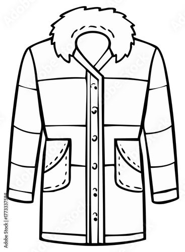 Warm winter parka jacket with fur trimmed hood line art illustration