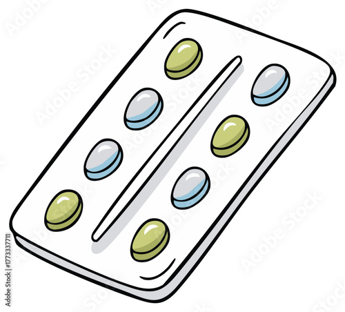 Cartoon blister pack with various medical pills for healthcare and wellness illustration