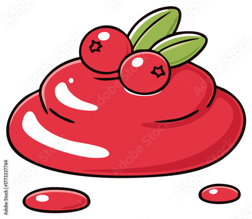 Glossy red berry jam or jelly with cranberries and green leaves vector illustration
