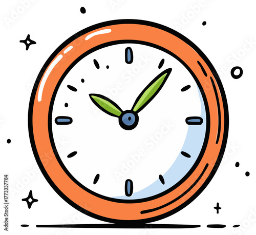 Hand drawn orange wall clock doodle icon Simple cartoon time illustration