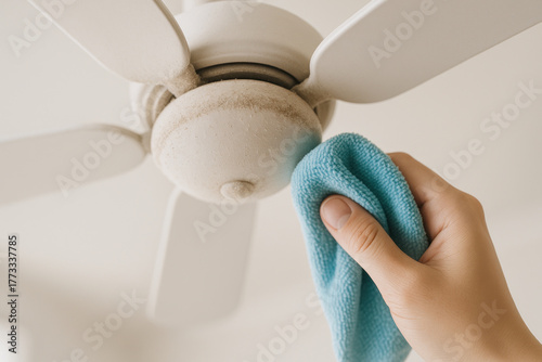 Hand cleaning hygiene awareness scene of person wiping ceiling fan with microfiber cloth showing careful home cleaning and dust removal