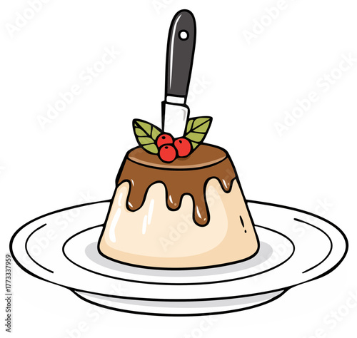 Cartoon Panna Cotta Dessert with Chocolate Sauce and Berries