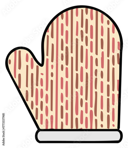Cartoon illustration of a colorful kitchen oven mitt with black outline and stripes