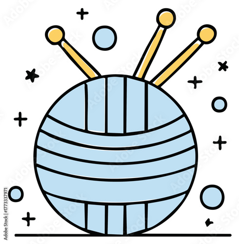 Hand drawn cartoon icon of a ball of yarn with knitting needles for crafting and hobbies
