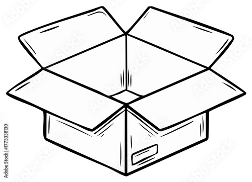 Open empty cardboard box with sketch style outlines and shading