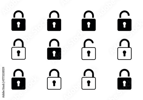 Black padlock icon set illustrating security measures and restricted access on a white background