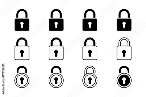 Diverse set of black padlock icons on a clean white background