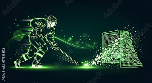 Neon Green Hockey Player in Action Shooting Puck Towards Shattering Net ice hockey athlete