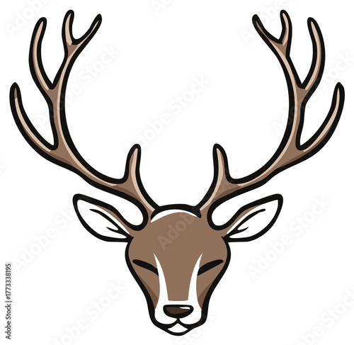 Stylized illustration of a deer's head with large, branched antlers and closed eyes