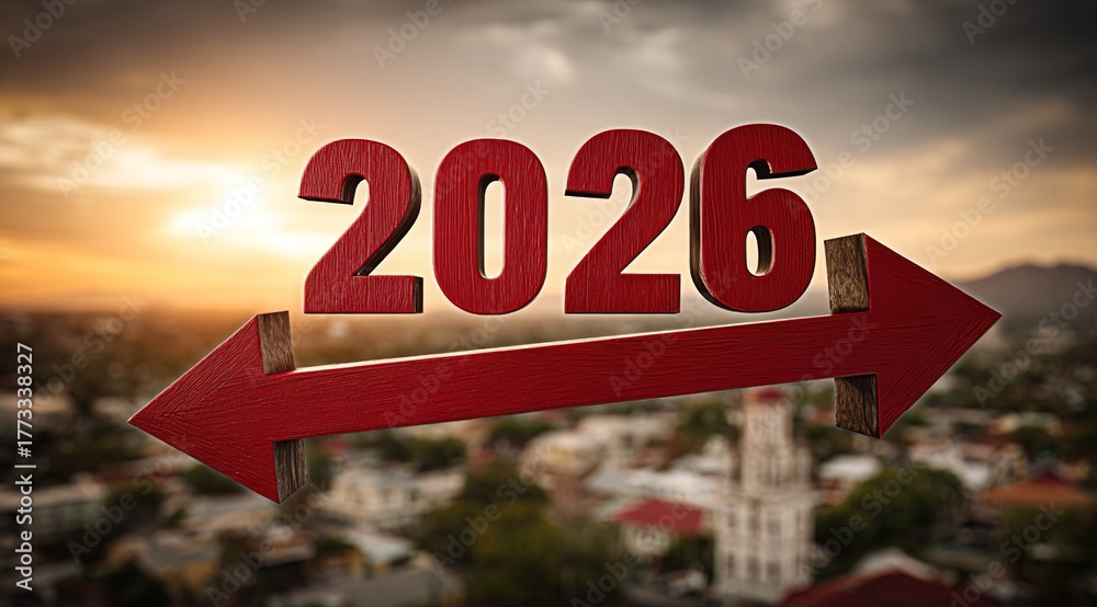Obraz premium Red Arrow with 2026 Pointing Towards Blurred City Skyline, Warm Sunlight Symbolizing Future Progress and Business Strategy