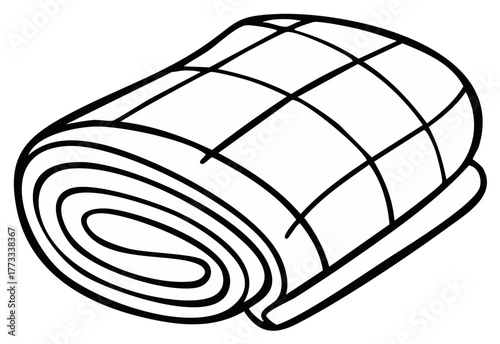 Outline illustration of rolled blanket with cross pattern, perfect for camping, picnics or cozy home decoration