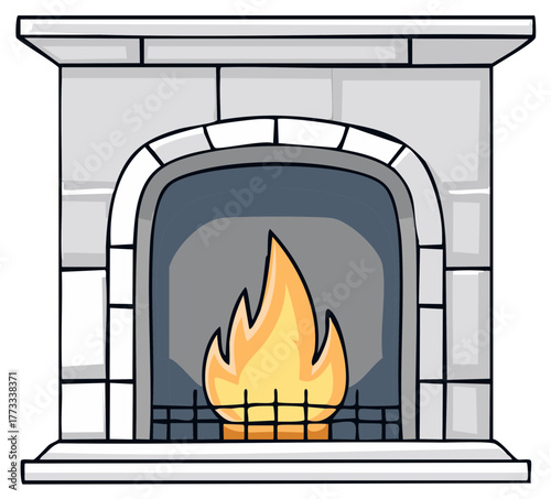 Cartoon stone fireplace with blazing fire, cozy warmth and holiday decoration; perfect background, illustration and art element