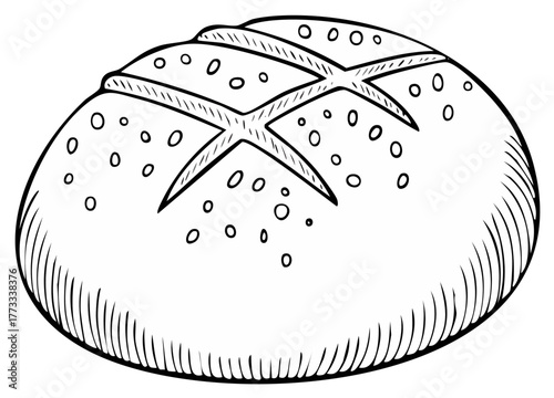 Hand drawn round artisan bread loaf with a scored crust sketch illustration