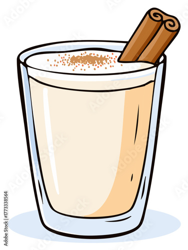Illustrated creamy beverage in a clear glass with a cinnamon stick and nutmeg sprinkles