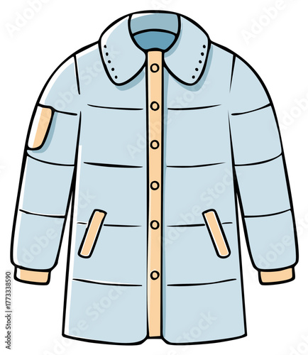 Hand drawn cartoon illustration of a light blue quilted winter puffer jacket for cold weather apparel