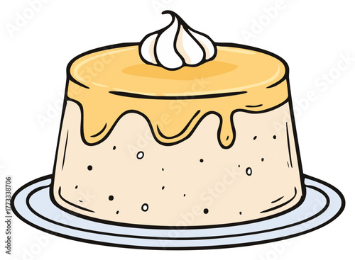 Cartoon dessert illustration. A sweet pudding with a creamy topping on a plate. Colorful food art.