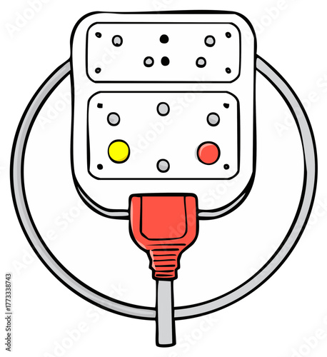 White multiplug power adapter with red electric plug and coiled grey cable in a playful cartoon doodle style