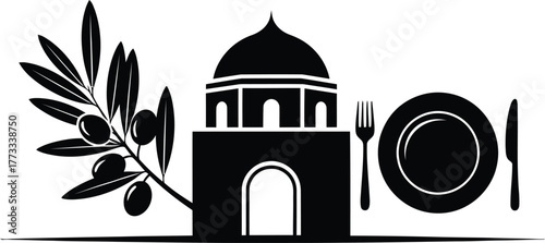 Mediterranean restaurant logo with olive branch and architectural element