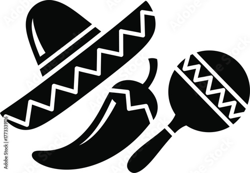 Mexican fiesta symbols sombrero chili pepper and maraca icon