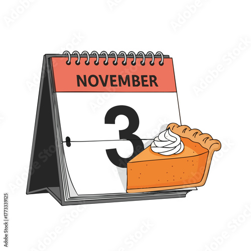 Festive November third calendar depiction showcasing traditional pumpkin pie imagery suggesting seasonal celebration anticipation and culinary