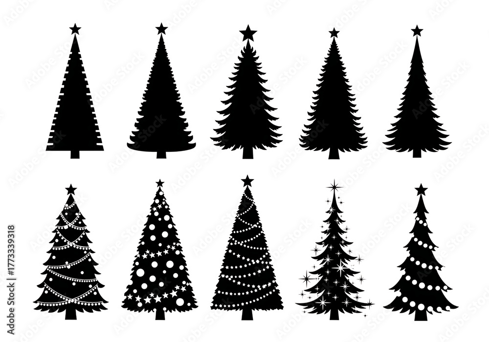 Obraz premium Illustration of collection of various christmas tree silhouettes isolated on transparent background