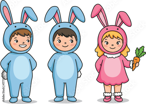 Cartoon children wearing bunny costumes, Easter celebration, playful kids with carrot, festive outfit, cheerful vector illustration, costume party theme
